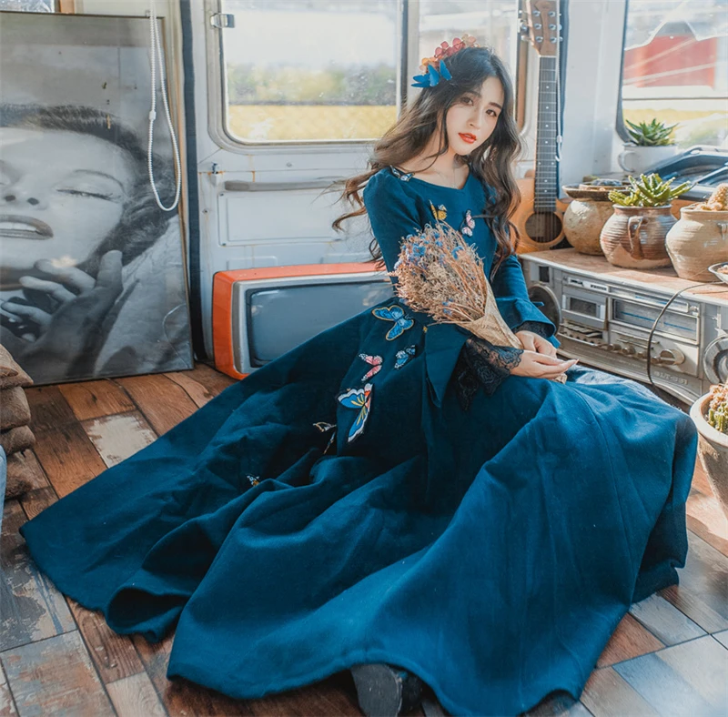 Women Wool Blue Dress Fashion 2017 Fall Winter Lotus Sleeve Lace Embroidery Butterfly Sweet Women Dress