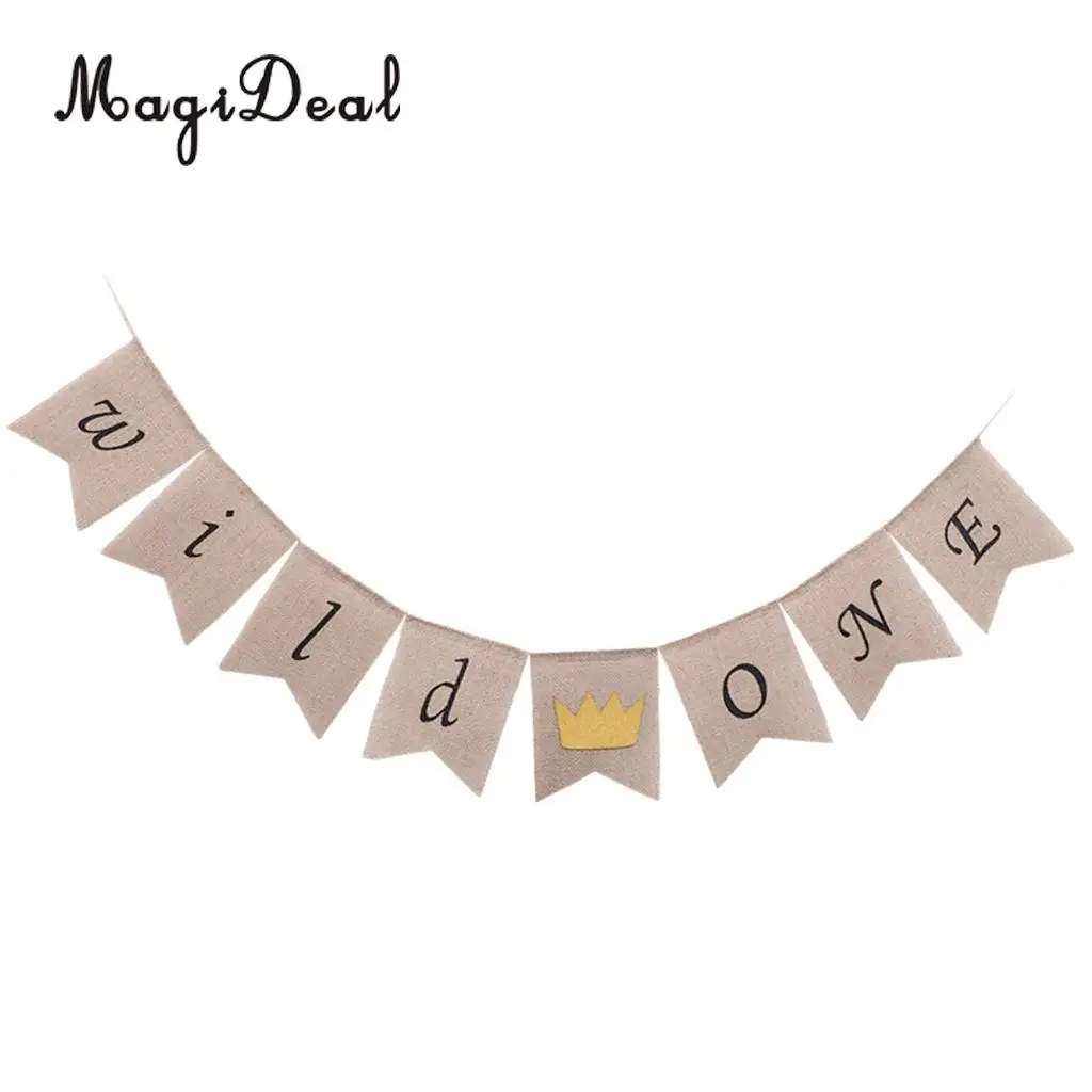 MagiDeal Vintage Burlap Wild One Banner with Crown 1st Birthday Baby Shower Party Garland Sign Cake Smash Wall Mantel Decor