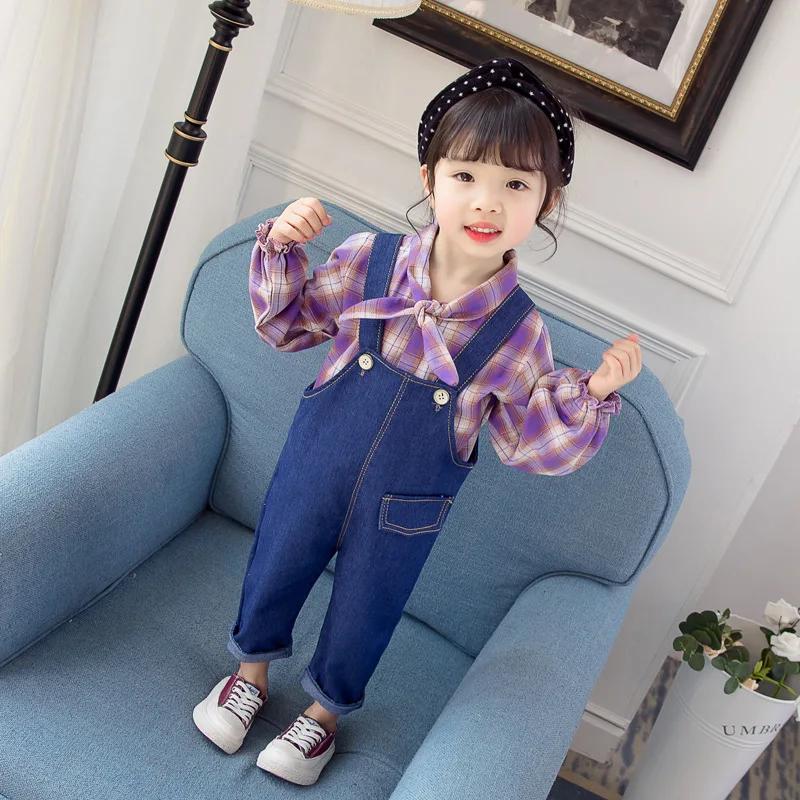 

DFXD Baby Girl Set 2019 Spring Children Cotton Plaid Shirt+Denim Overall Two Piece Toddler Girl Outfit Casual Kids Sets 1-4Yrs