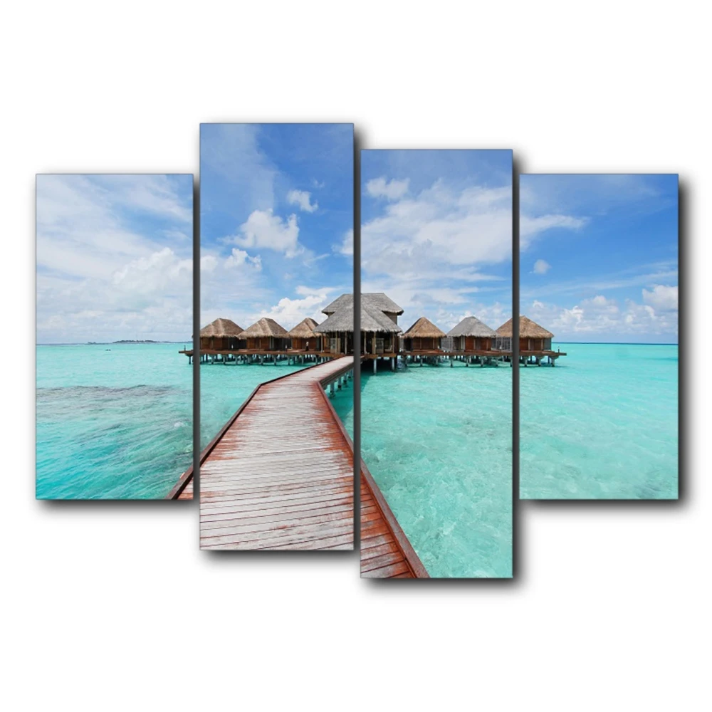 

Laeacco 4 Panel Tropical Sea Wall Artwork Outside Posters and Prints Canvas Calligraphy Painting Nordic Home Living Room Decor