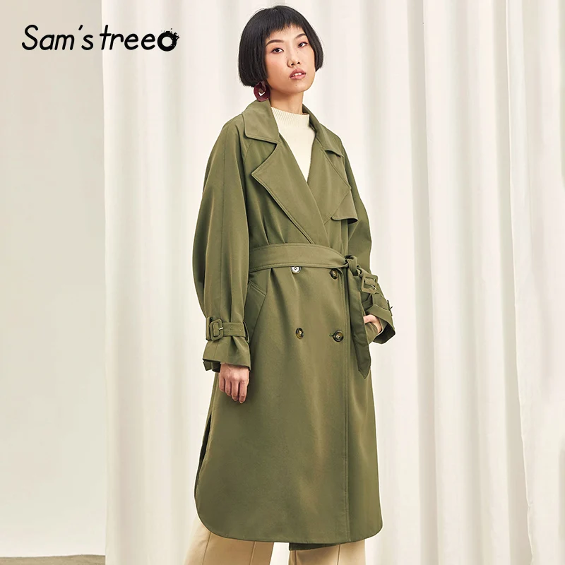 

Samstree Spring Autumn Women Trench Coat Waist Belt Simple Long Coat Double Breasted Safari Style Loose Female Outwear Coats