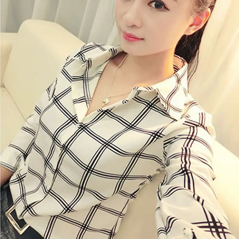Women's Long Sleeve White Shirts Plaids Pattern Lapel Casual Blouse Tops