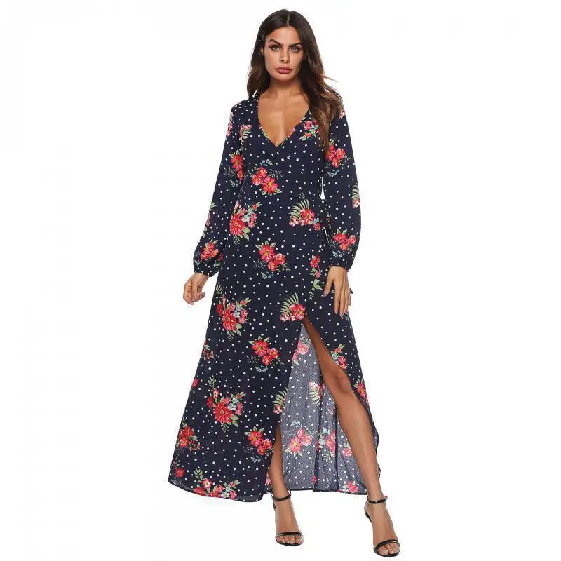 Sexy Deep V Bandage Chiffon Dresses 2019 Women's Spring New Fashion Flower Printed Vestidos Lantern Sleeves Irregular Long Dress | Женская