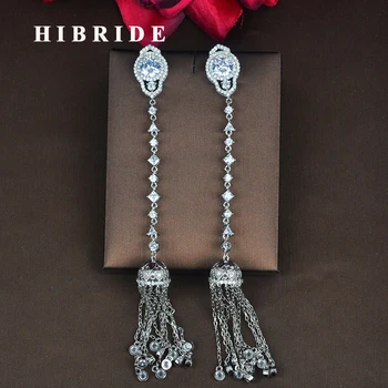 HIBRIDE Fashion Clear Cubic Zircon Women Long Chain Tassel Earrings Pendientes Boucle d'oreille Jewelry Brincos Wholsale E-833