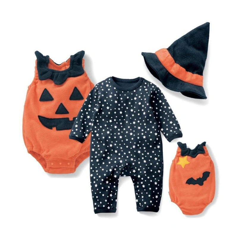 

Halloween baby costume pumpkin clothing set 3pcs stars romper+pumpkin vest +wizard hat infant toddler kids boys girls clothes