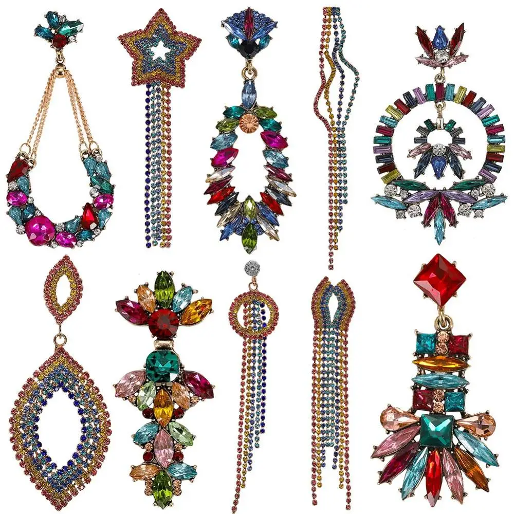 

Girlgo 2019 New Rainbow Crystal Glass Drop Earrings for Women Summer Accessories Gorgeous Boho Hanging Fringed Tassel Earrings