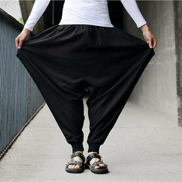 Fashion Men's Pants Harem Casual Baggy Hakama Linen Japanese Samurai Pants  Male