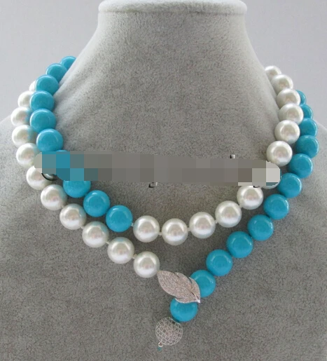 

HOT N505 35" 12mm white+blue turquoise color perfect round south sea shell pearl necklace