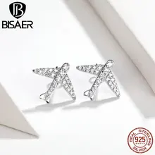 BISAER, женские серьги с самолетом, 925 пробы, серебро, самолет, маленькие серьги-гвоздики, 925 Brincos, Стерлинговое Серебро, ювелирное изделие EFE143