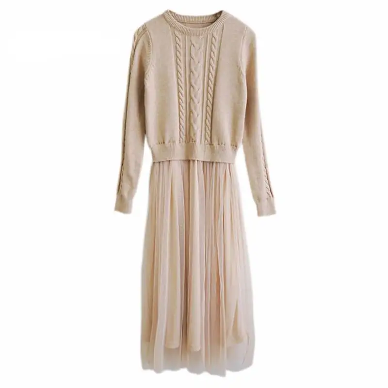 

2018 Autumn Fashion High Temperament Winter Dress for Women O-neck Slim Long Sleeve Long Knitting Patchwork Mesh ladies Dresses