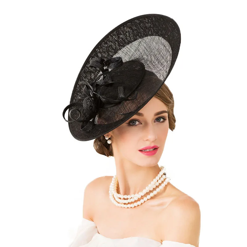 FS вуалетки Свадебные шляпы для женщин элегантные черные льняные с большими широкими полями Коктейльные Вечерние винтажные церковные платья Fedora