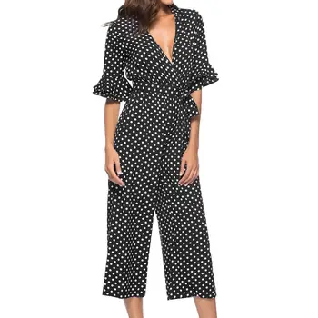 

2018 Vintage Surplice Polka Dots Flare Half Sleeve Deep V-Neck Sashes Women Sexy Wide Leg Elegant Jumpsuits