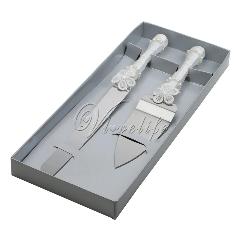 White Wedding Cake Knife And Server Set Stainless Steel Cutter White Wedding Cake Knife And Server Set Stainless Steel Cutter Pearls Lace Flowers Ribbons With Gift Box For Decor In Party Diy Decorations