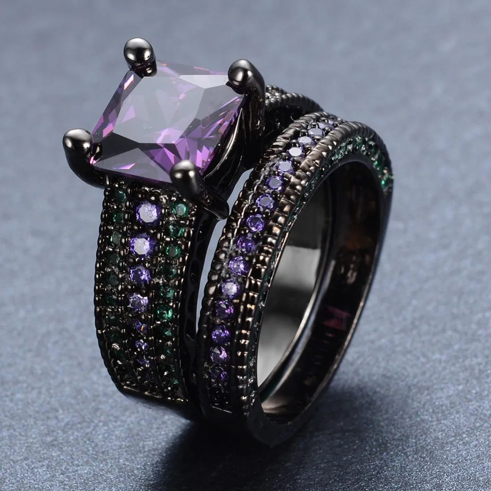 Высокое качество, элегантные, модные, фиолетовые, зеленые кольца, наборы, Черное золото, заполненные кристаллами, ювелирные изделия, свадебные кольца для женщин RB0489