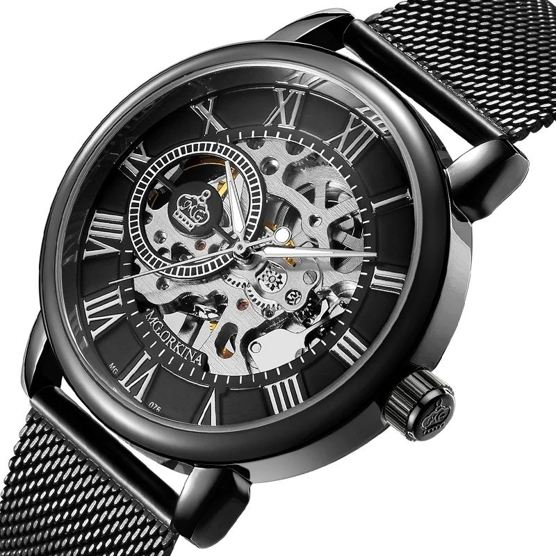 Уникальные серебряные мужские механические часы ORKINA, ультра тонкий дизайн, скелет, циферблат, нержавеющая сталь, сетка, ремешок, модные мужские наручные часы