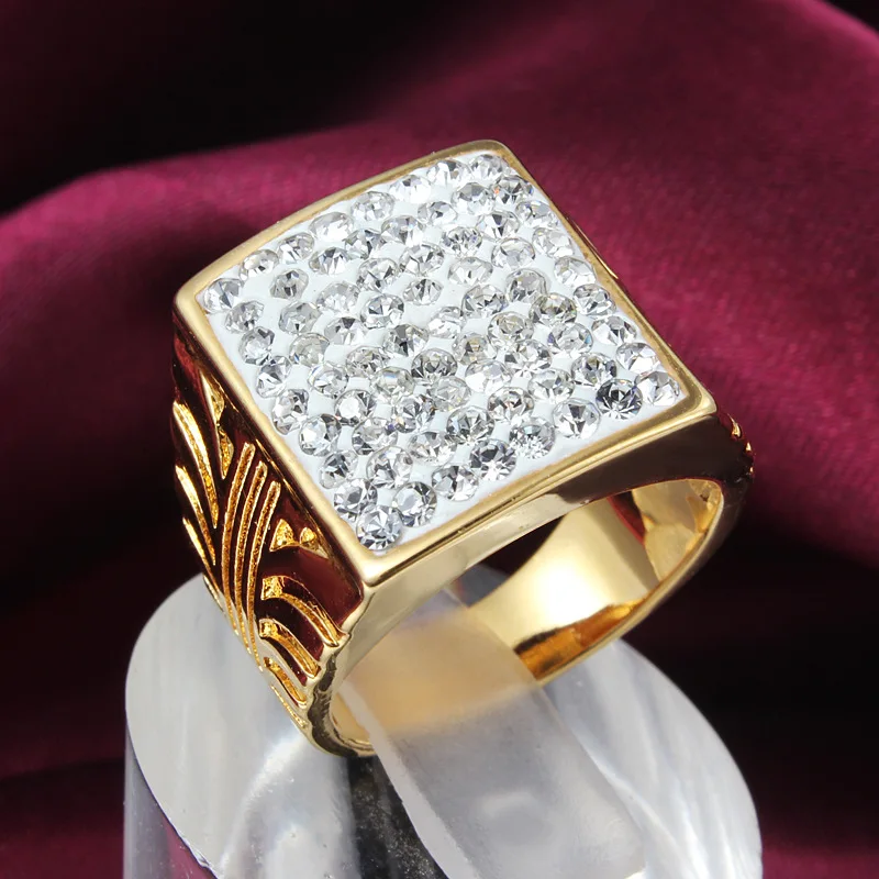 

Statement Ring Iced Out Yellow Gold Filled Square Cut Men's Big Ring Micro Paved CZ Crystal Size 9