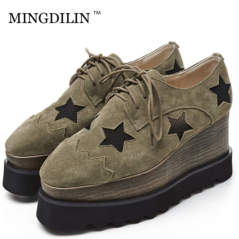 

MINGDILIN Genuine Leather Women's Brogue Shoes Woman Flat Platform Shoes Casual Spring Autumn Platform Shoes Plus Size 33 42