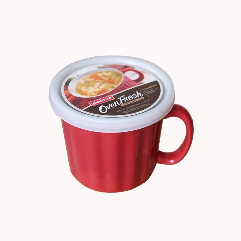 

European Style 500ML Large Capacity Coffee Milk Mug Red Printed Ceramic Tea Breakfast Cup Soup Mug With Plastic Lid Stoneware