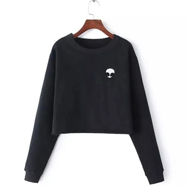 Спортивный женский свитер с длинным рукавом, повседневный укороченный пуловер с круглым вырезом, Короткие пуловеры для спортзала, Sudaderas Deportivas Mujer - Цвет: black