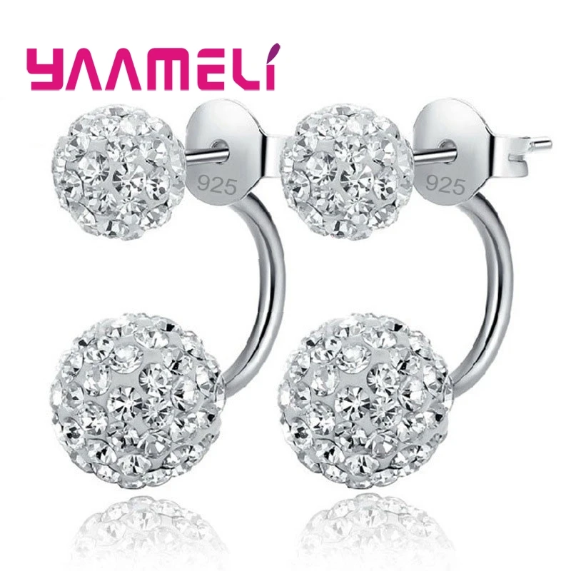

11 Colors Options!! Full Austrian CZ Crystal Paved Stud Earrings for Women 925 Sterling Silver Two Disco Balls Brincos Jewelry
