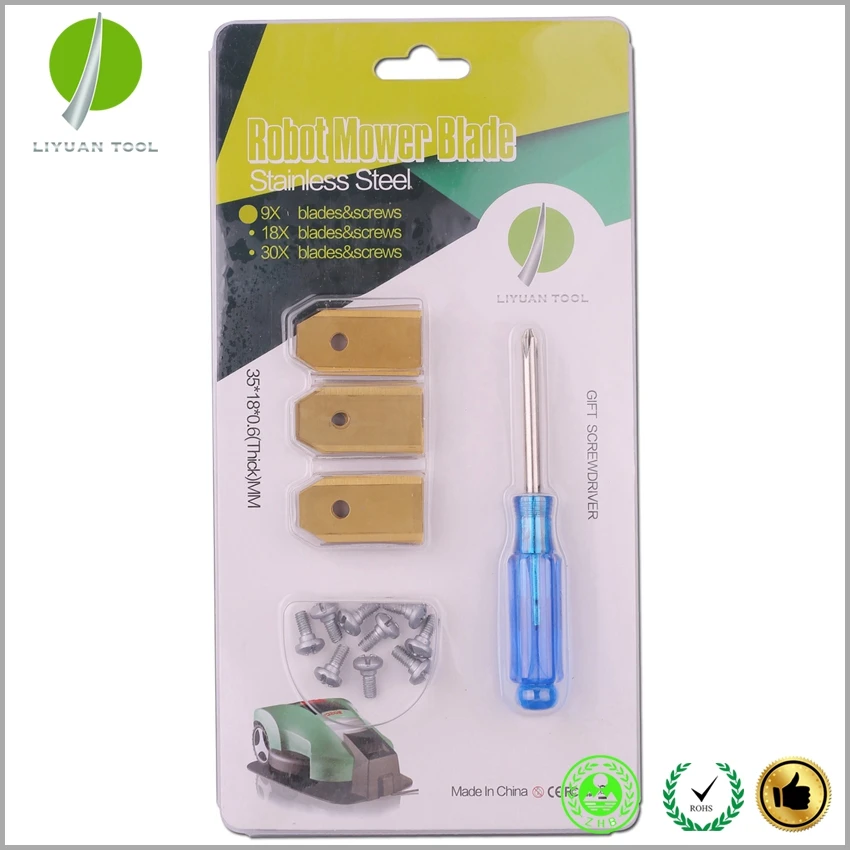 

pack of 9 Thick 0.6MM Golden Titanium Coating Robot Mower blade Stainss Steel for Automower 220 230 265 + Screwdriver