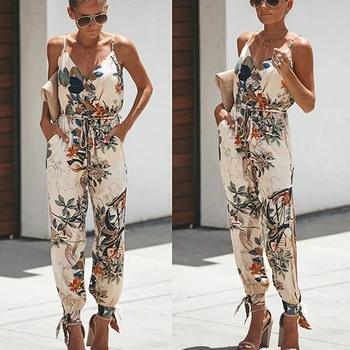

2019 Summer Spaghetti Strap Jumpsuits Women Playsuit Floral Printed Sexy Rompers Pockets Backless Loose Casual Bodysuits Female