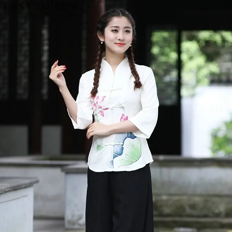 Традиционная китайская блузка, рубашка, топы для женщин, воротник-стойка, Восточная льняная рубашка, блузка, Женский Элегантный Топ cheongsam FF980
