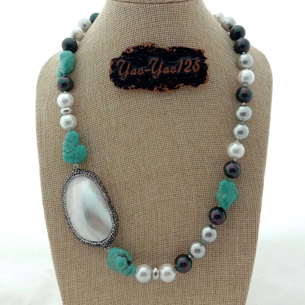 

23'' Sea Shell Pearl Blue Stone Necklace Shell Pendant