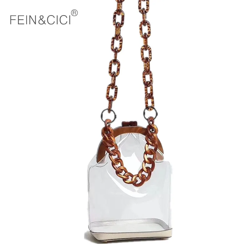 

Transparent bag clear pvc plastic beach bag Acrylic chains with genuine leather vintage party Clutch women messenger bag 2019