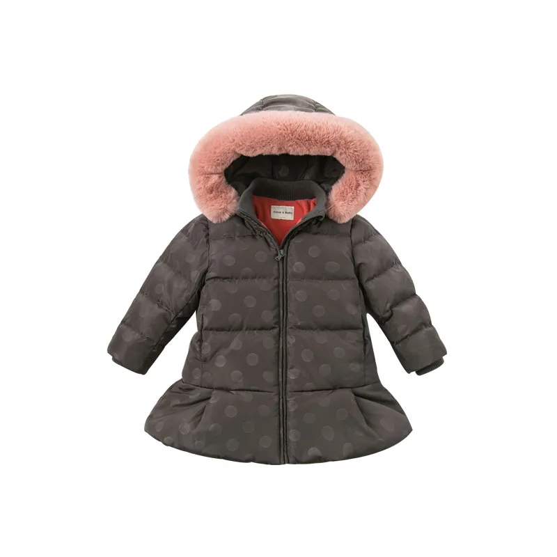 DBK8308 dave bella/Зимний пуховик для маленьких девочек 90% детское пуховое Стеганое пальто Детская верхняя одежда с капюшоном и большим мехом - Цвет: dots