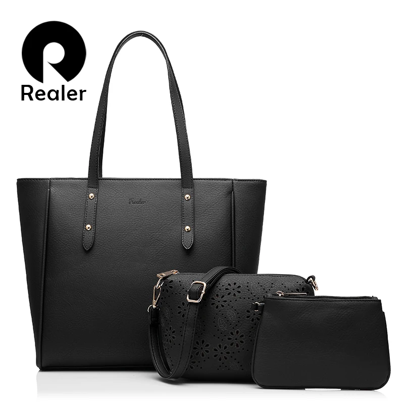 

REALER brand women handbag 3 sets solid artificial leather tote bag large shoulder bags ladies purses and handbags