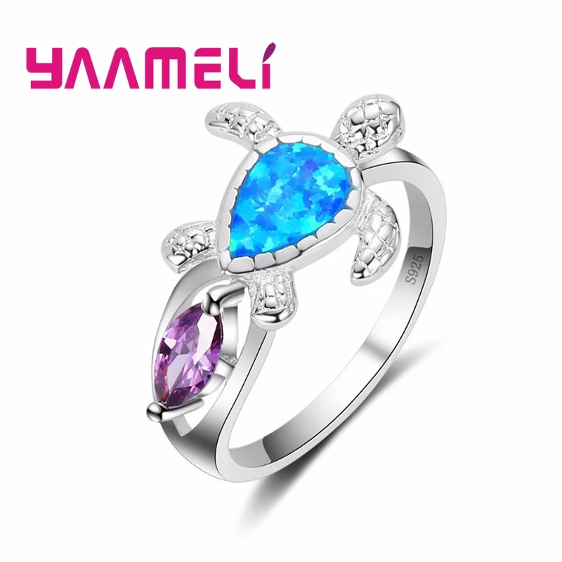 

Winter Sale Fire Opal Ring Blue and Purple Color wedding Band luxury Turtle jewelry 925 Sterling Silver Ring for Women