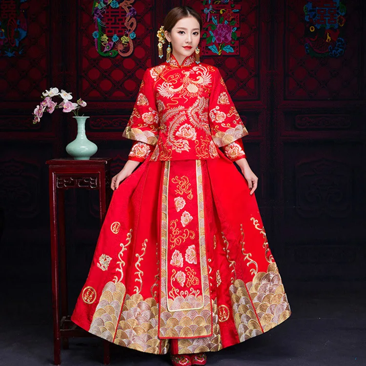 

2019 Latest Fashion Bride Red Show Wo Suit Chinese Wedding sets Retro Stand Collar Improved Cheongsam Skirt+floral Phoenix Coat