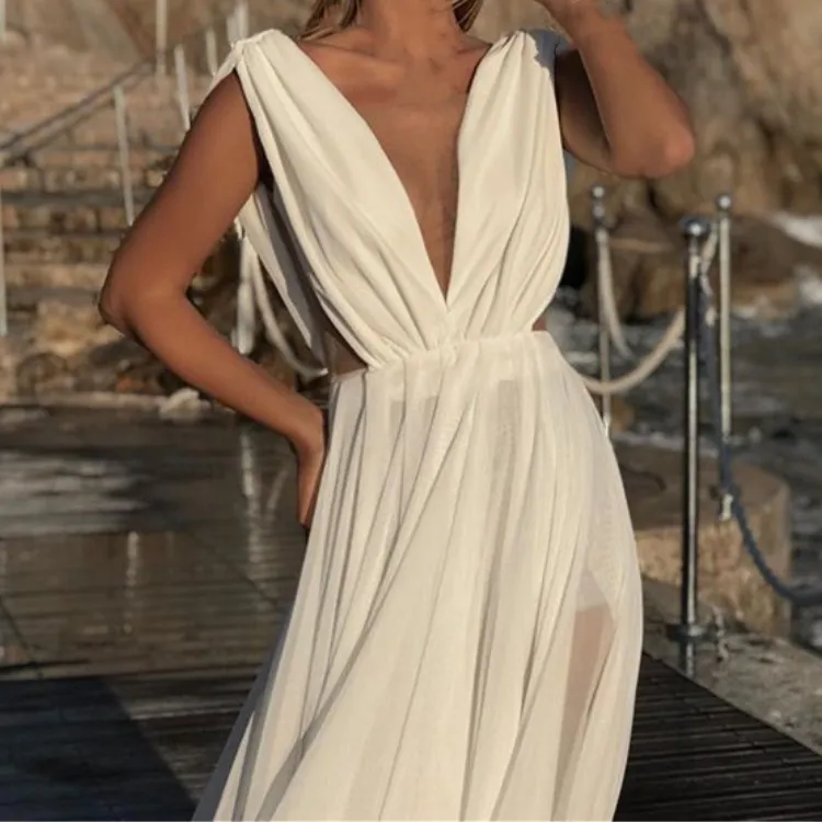 

Women Chiffon High Split Bohemian Dress Asymmetrical Summer Casual White Party Dress Sexy Sleeveless Deep V-Neck Maxi Dress