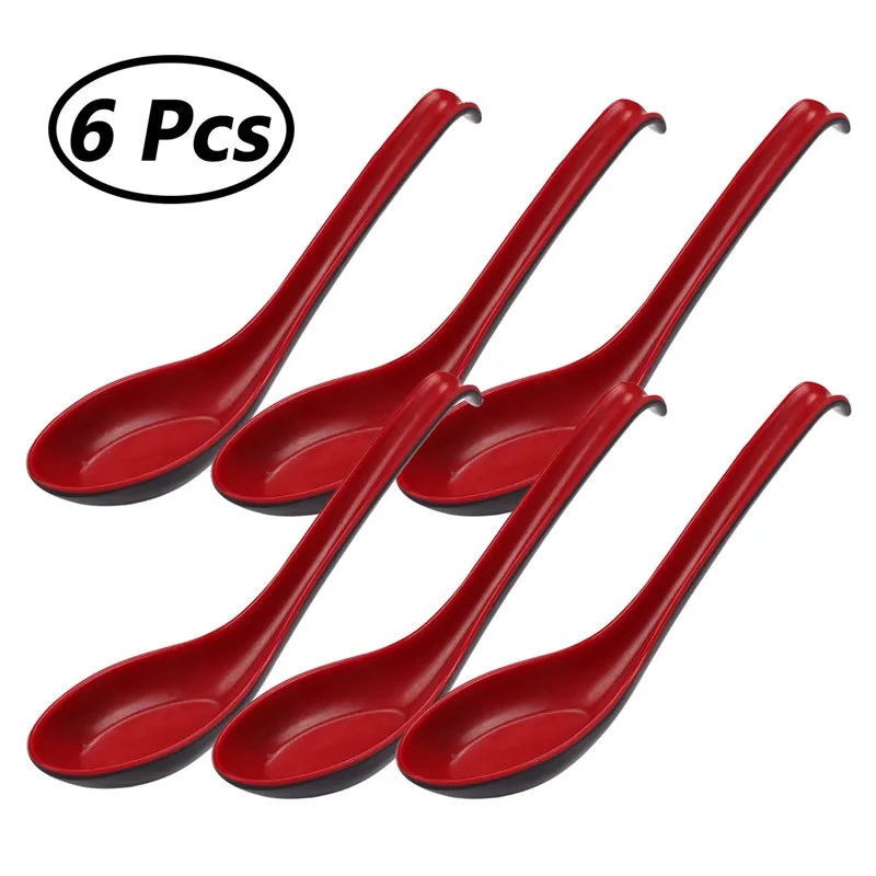 

6Pcs Japanese Soup Ramen Spoons Asian Chinese Long Handle Plastic Rice Soup Large Spoon Kitchen Cooking Utensils Home Flatware