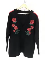 2018 новые зимние V воротник Роза вышивка шерсть свободный свитер женский