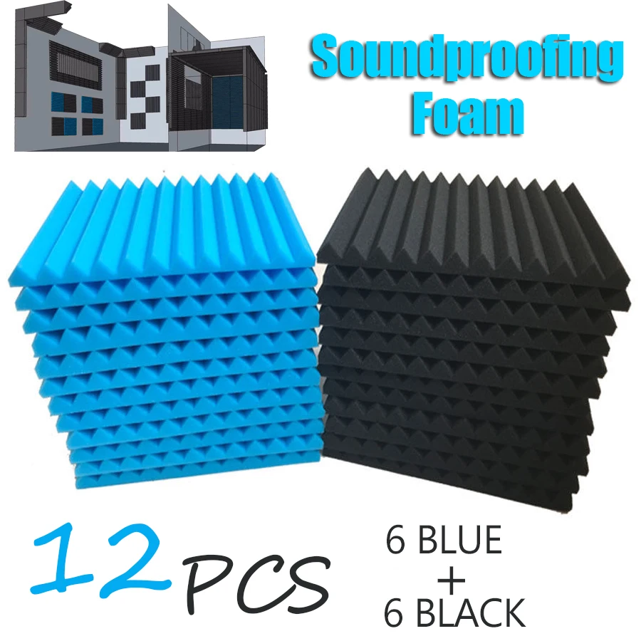 

12x Black & Blue Acoustic Treatment Soundproofing Foam KTV Studio Room Sound Absorption Wall Wedge Tiles Polyurethane Foam