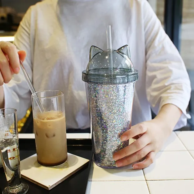 Новая креативная пластиковая BPA Хрустальная бутылка для воды флэш кошачьими ушками двухслойная Питьевая Бутылка Чашка для воды подарок детская посуда для напитков - Цвет: GRAY
