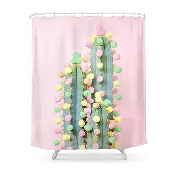 

Marshmallow Cactus In Bloom Shower Curtain Set Waterproof Fabric Bath Curtain For Bathroom With Non-slip Floor Mat