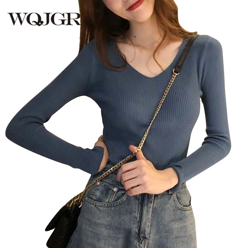 

WQJGR Autumn and Winter V-neck Knitted Long Sleeve Knitted Women Sweaters and Pullovers Fashion Korean Sweater