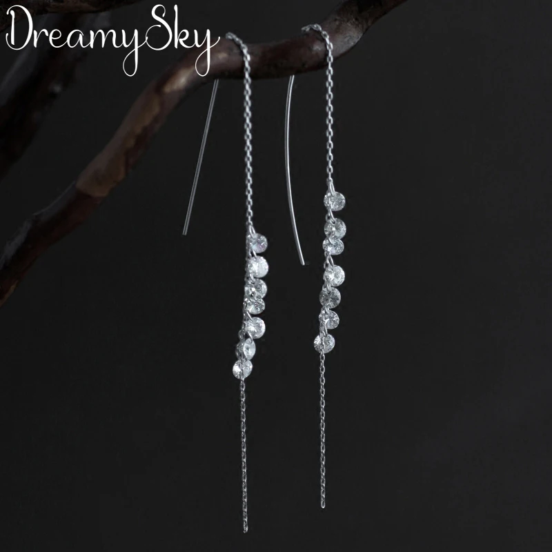 DreamySky Настоящее чистое серебро 925 длинные циркониевые серьги для женщин Рождественский подарок модные ювелирные изделия из стерлингового серебра