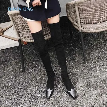 

2019 New Black Thigh High Stretch Knitting Socks Boots Square Toe Sexy Ladies Winter High Heels Shoes Woman Over The Knee Boots