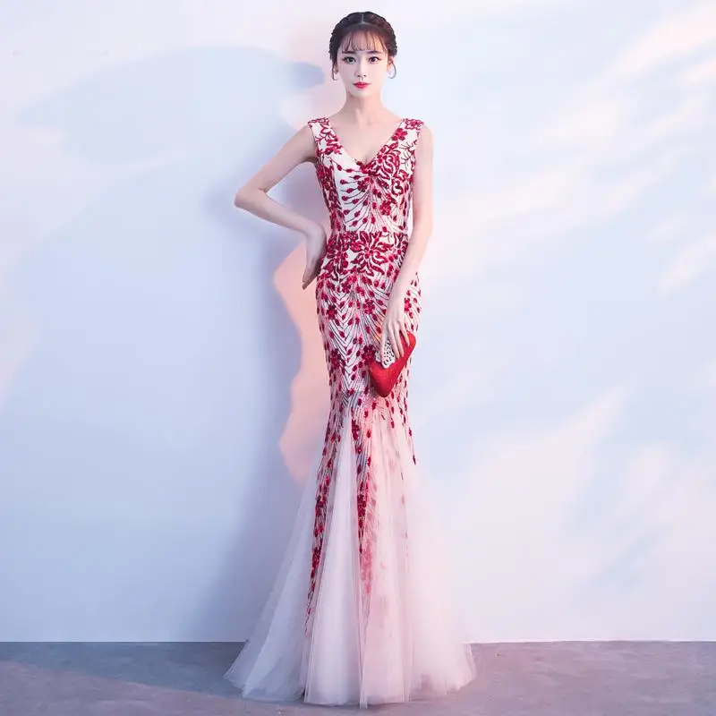 Невесты Вечерние чонсам, Восточный стиль Для женщин Элегантный тонкий платье Мода китайский Стиль Свадебные Длинные Qipao роскошный халат Vestido S-XXL - Цвет: Red