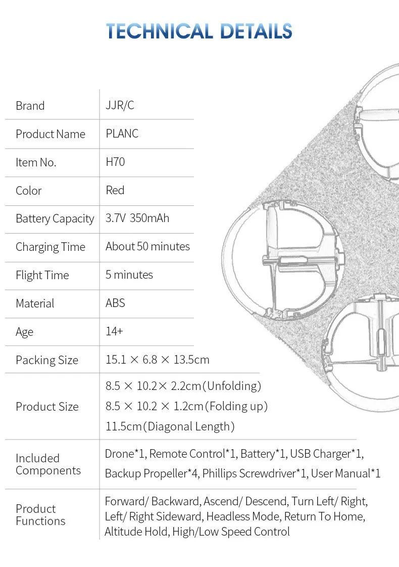 JJRC H70 4CH PLANC мини Дрон ультра-тонкий интеллектуальный пульт дистанционного управления Квадрокоптеры с складной рукояткой