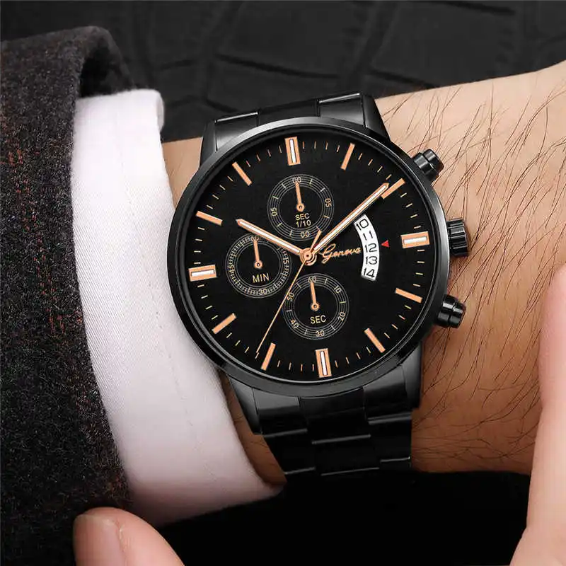

Geneva Men's Fashion Business Date Stainless Steel Strap Watch Top Brand Luxury Quartz Watch Men Casual Watch Relogio Masculino
