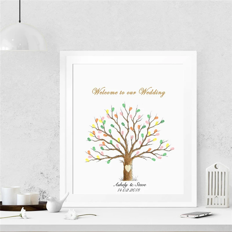 

HAOCHU Colorful Wishing Tree Fingerprint Signature Painting For Wedding Decor Guest Book Living Room Wall Picture Decor