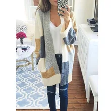 Contrast Color Block Longline Cardigan Women Pockets Side Long Sleeve Autumn Winter Warm Thick Open Front Sweater