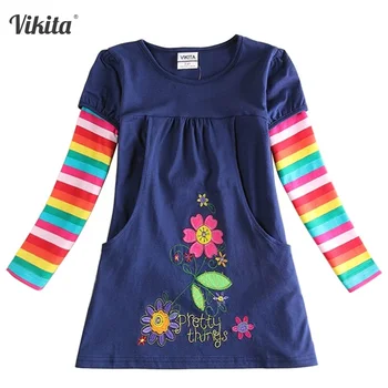 

VIKITA Baby Kids Girls Dress Long Sleeves Flower Applique Striped T-Shirt Tops Clothes Kids Girls Clothes 2-8Y Dress for Girls