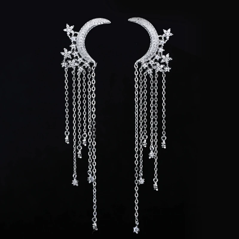 

Luxury Crystal Star Moon Earrings For Women Girls cubic zirconia Long Chain Tassel Dangle Earring Wedding Party Jewelry
