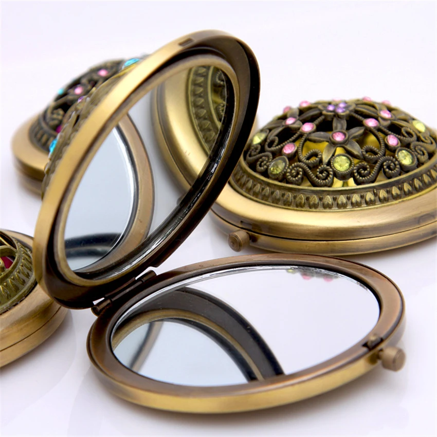 Винтаж Для женщин Подарки Бронзовый полый металлический двустороннее зеркало складное зеркало для макияжа